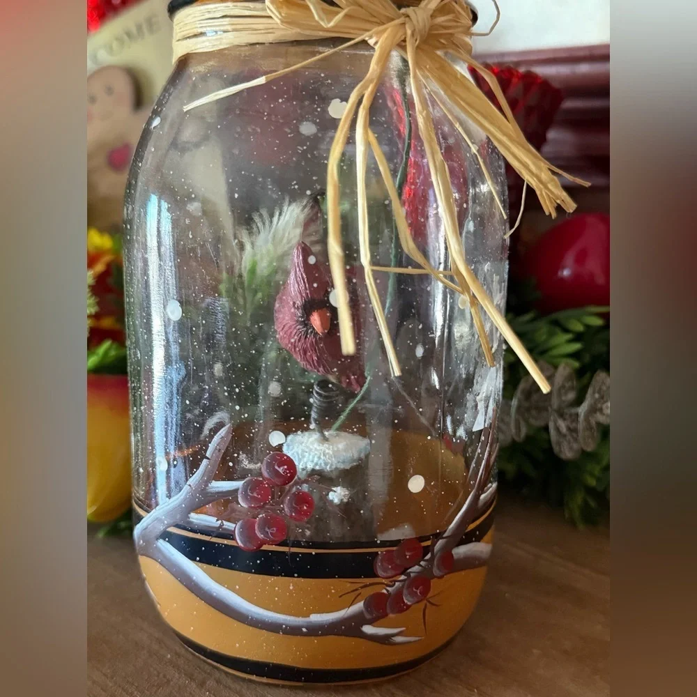 Vintage 1994 Handcrafted Holiday Mason Jar Decor with Red Cardinals
